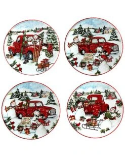 Red Truck Snowman Set Of 4 Canape Plates Home
