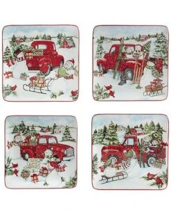 Red Truck Snowman Set Of 4 Dessert Plates Home