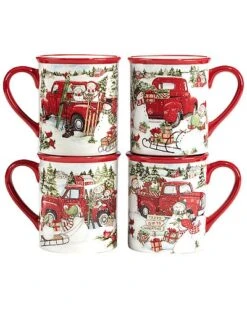 Red Truck Snowman Set Of 4 Mugs Home