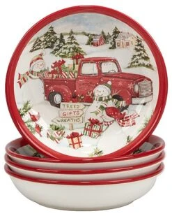 Red Truck Snowman Set Of 4 Soup Bowls Home